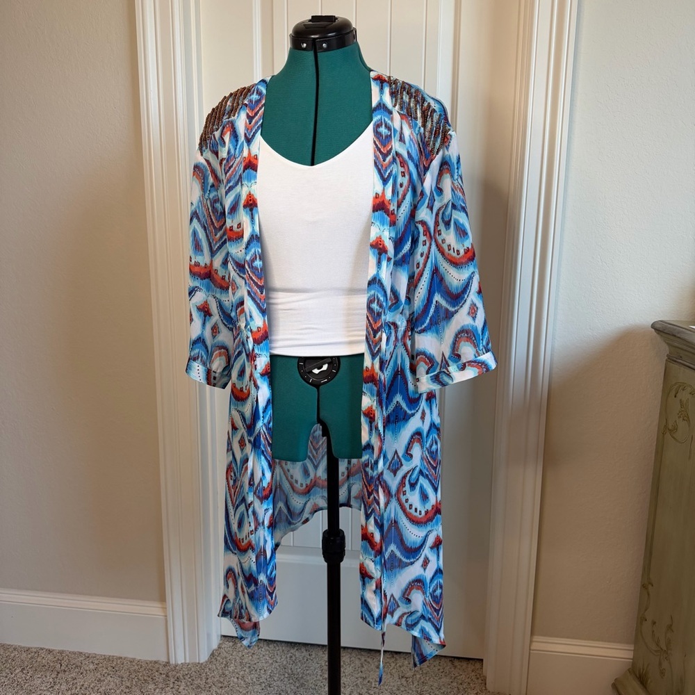 2/$30 bebe Vibrant Blue and Red Print Cardigan Kimono Cover-Up Beaded Detail - Picture 6 of 12